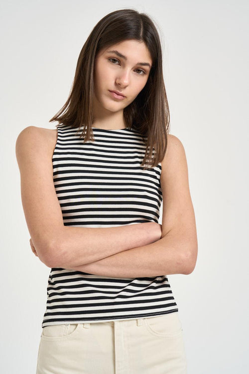 Top donna smanicato a righe nere e panna - 2