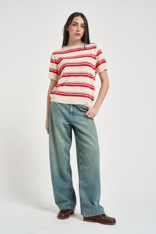 Maglia donna girocollo a righe rossa