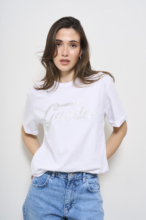 T-shirt donna bianca cut-out sul retro