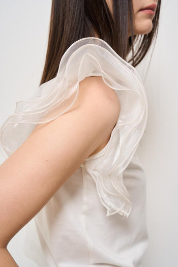 T-shirt donna girocollo bianca con volant - 5