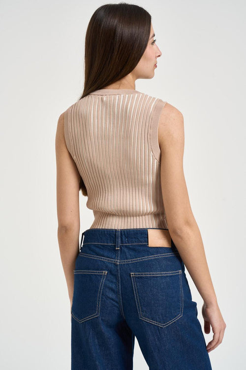 Top donna a coste beige e panna - 2