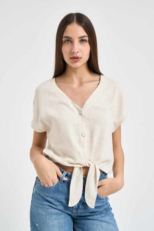 Camicia donna cropped con nodo beige