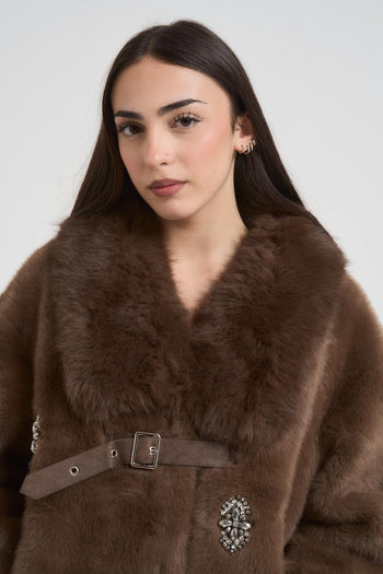Ecopelliccia donna con fibbie marrone - 3