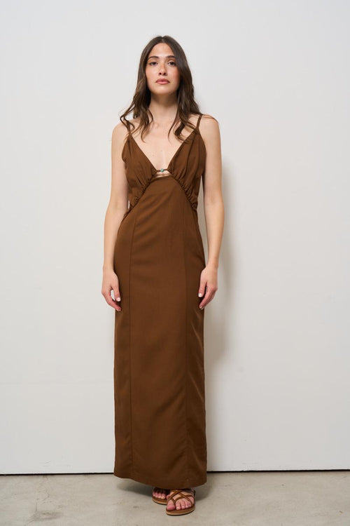Abito donna lungo marrone con pietra celeste