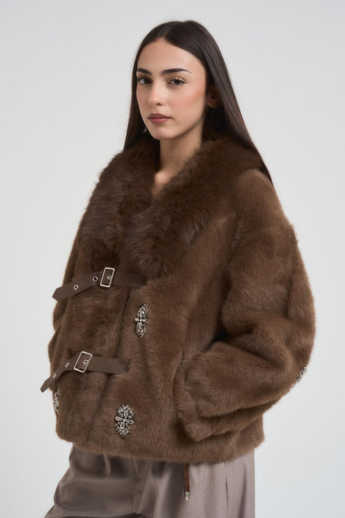 Ecopelliccia donna con fibbie marrone - 2