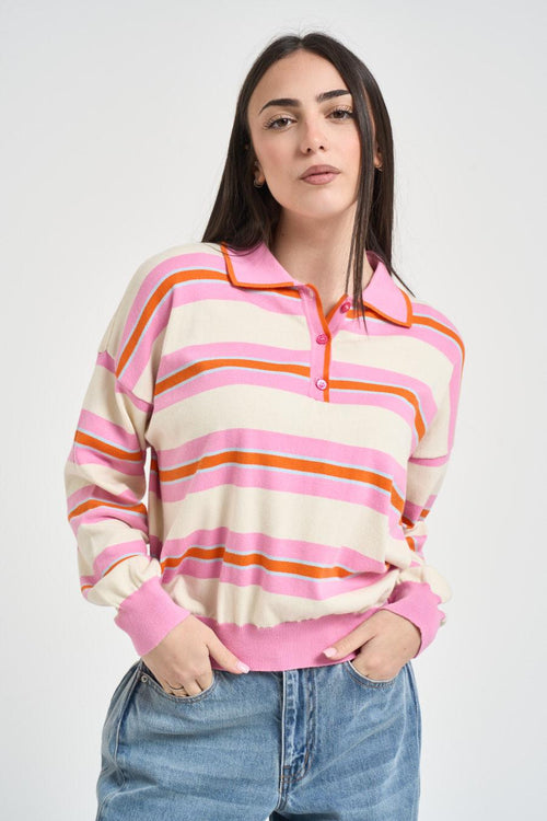 Polo donna a righe panna e rosa