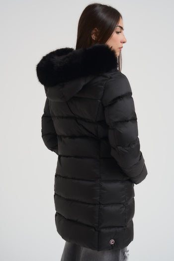 Piumino donna trapuntato con bordo in vera pelliccia nero - 6