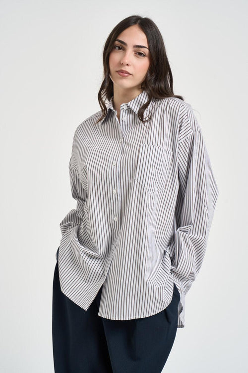 Camicia donna bianca a righe blu e marrone
