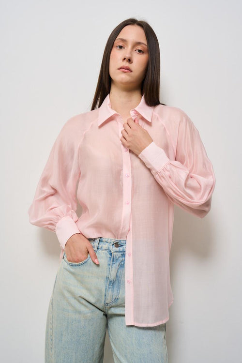 Camicia donna over rosa con fiocco