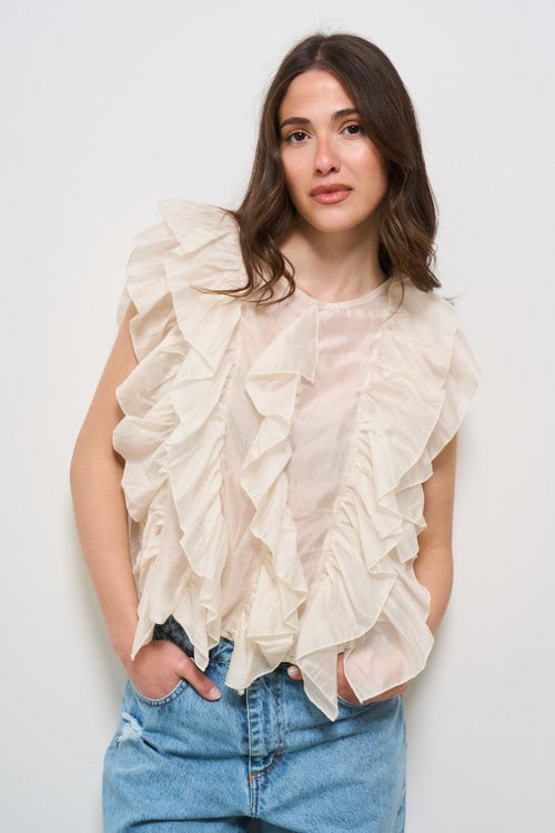 Blusa donna con rouches panna