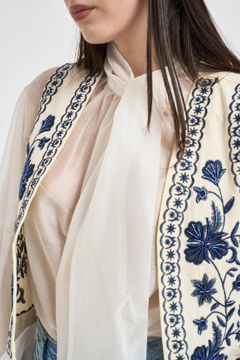 Gilet donna panna con ricami floreali blu - 3