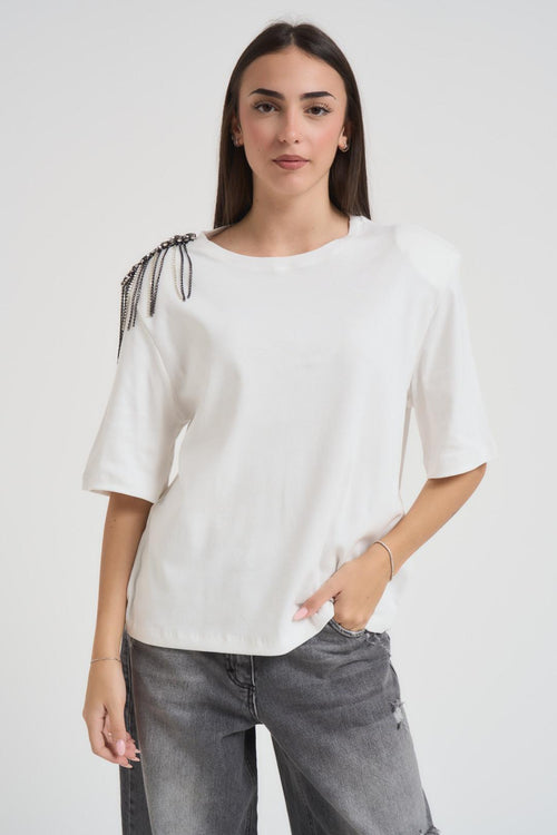 T-shirt donna girocollo bianca con strass