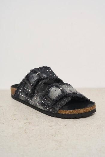 Women's black denim sandals with rhinestones and studs - 3