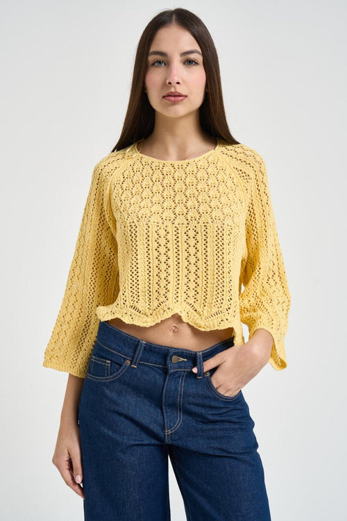Maglia donna corta traforata gialla