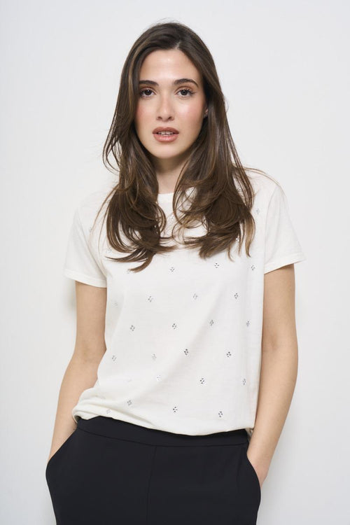 Women's white crew neck t-shirt with rhinestones