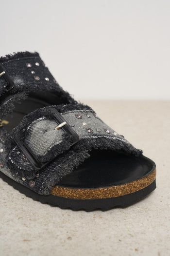 Women's black denim sandals with rhinestones and studs - 4