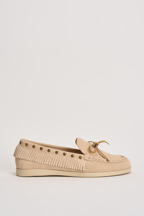 Mocassino donna in suede beige con frange