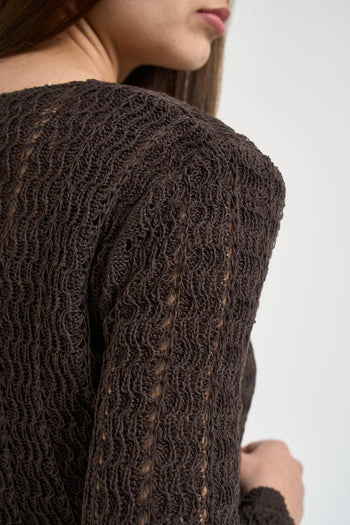 Cardigan donna in maglia traforata marrone - 4