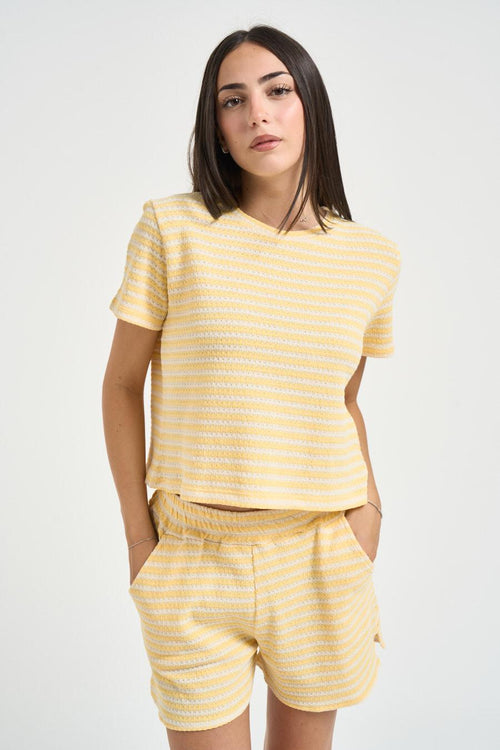 T-shirt donna a righe giallo e panna - 1