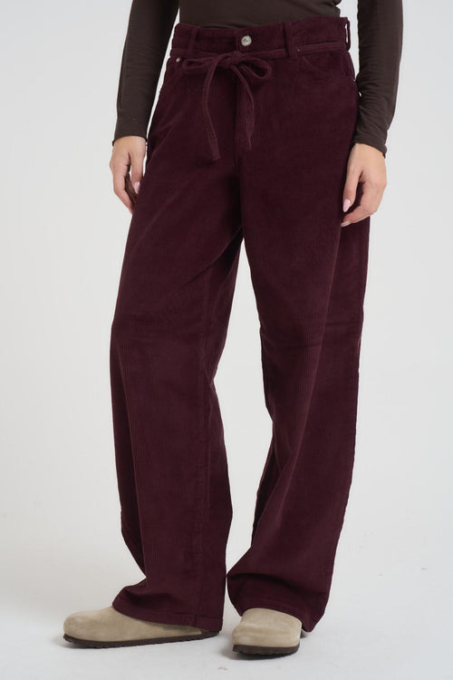 Pantalone donna a palazzo in velluto a costine bordeaux - 2