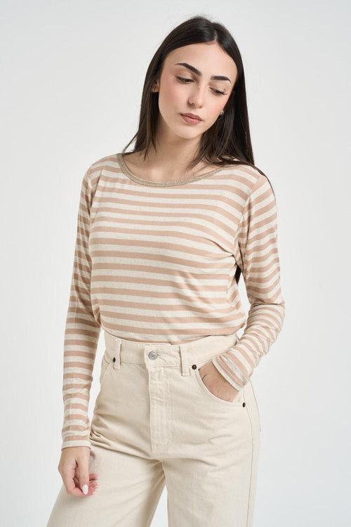 Maglia donna a righe beige e panna - 2