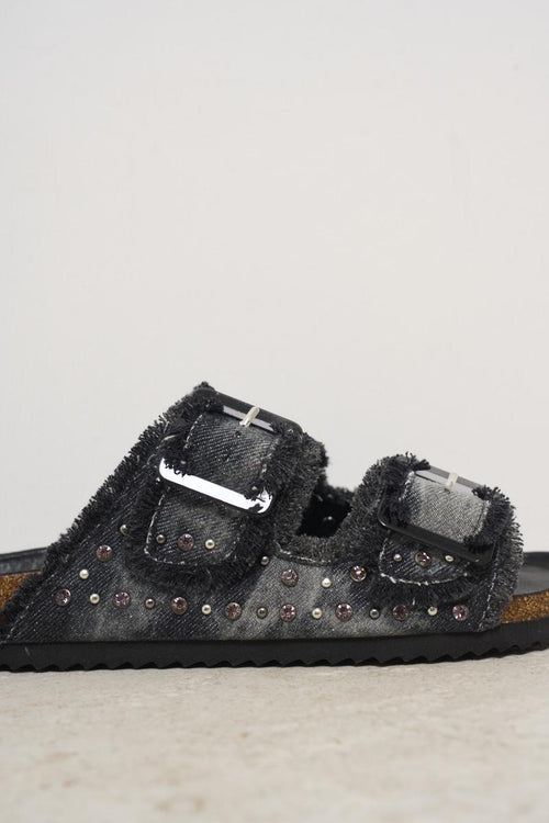 Women's black denim sandals with rhinestones and studs - 2