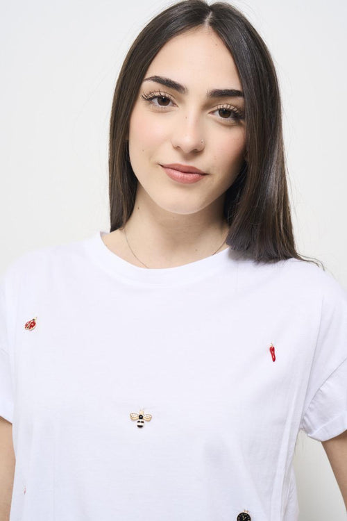 T-shirt donna bianca con applicazioni strass - 2