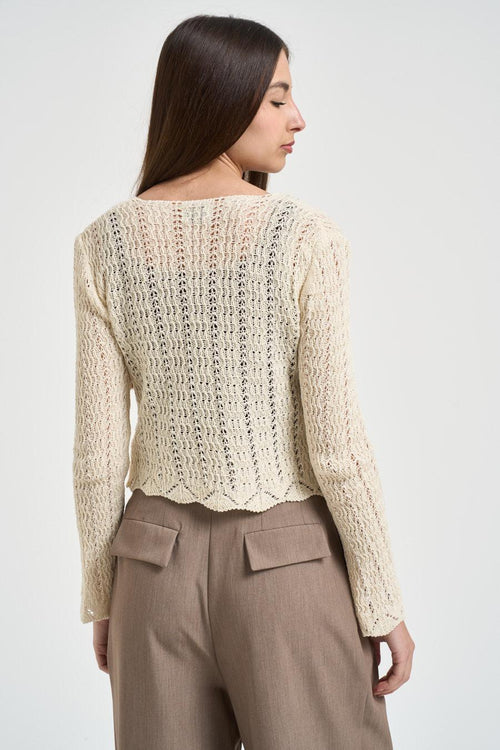 Cardigan donna in maglia traforata panna - 2