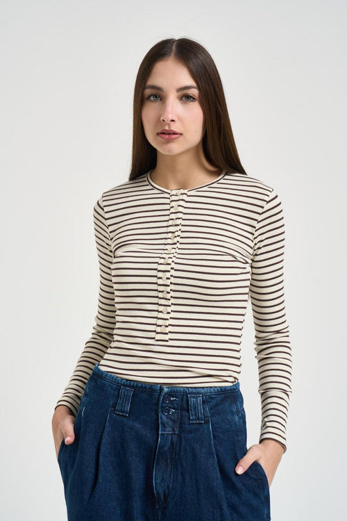 Maglia donna a righe marrone e panna