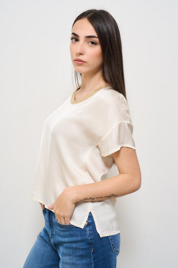T-shirt donna satinata burro con lurex dorato - 3