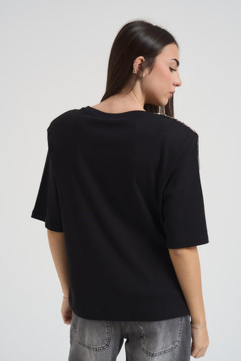 T-shirt donna girocollo nera con strass - 3