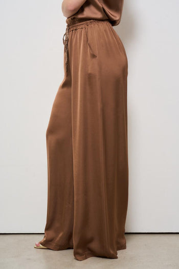 Pantalone donna a palazzo satinato marrone - 3