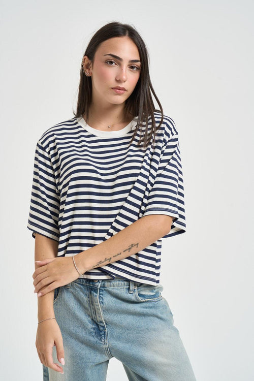 T-shirt donna a righe blu e panna - 1