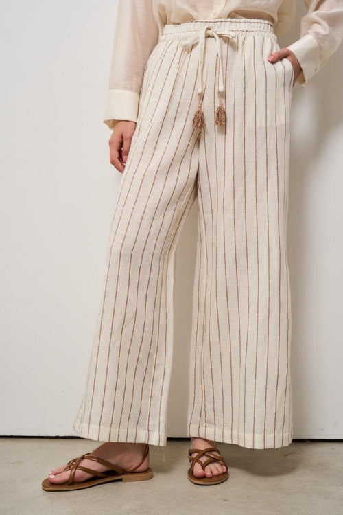 Pantalone donna gessato in lino panna - 2
