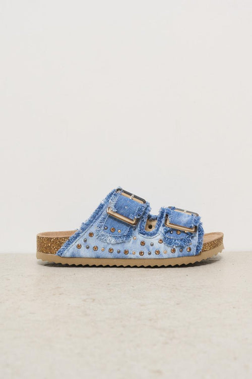 Women's denim sandals with rhinestones and studs