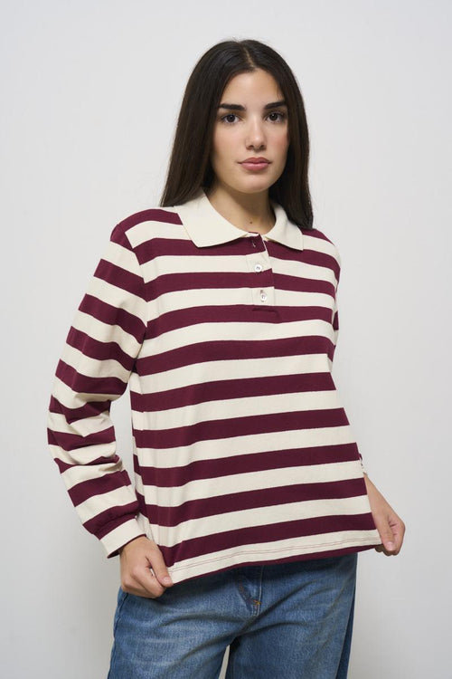 Women's polo shirt with burgundy stripes