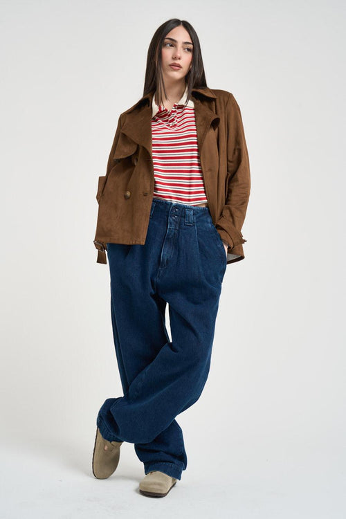 Trench donna corto in suede marrone - 1