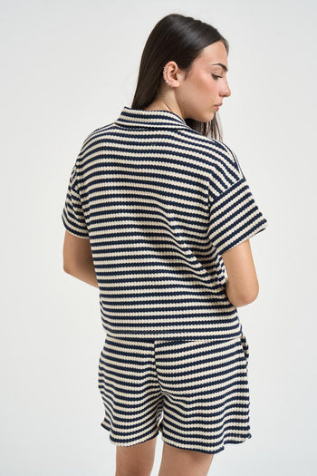 Polo donna a righe blu e panna - 3