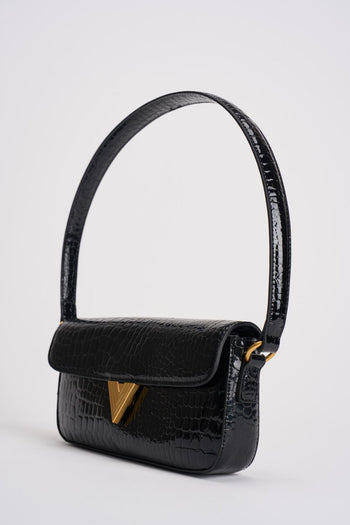 Borsa donna a spalla pitonata lucida nera - 3