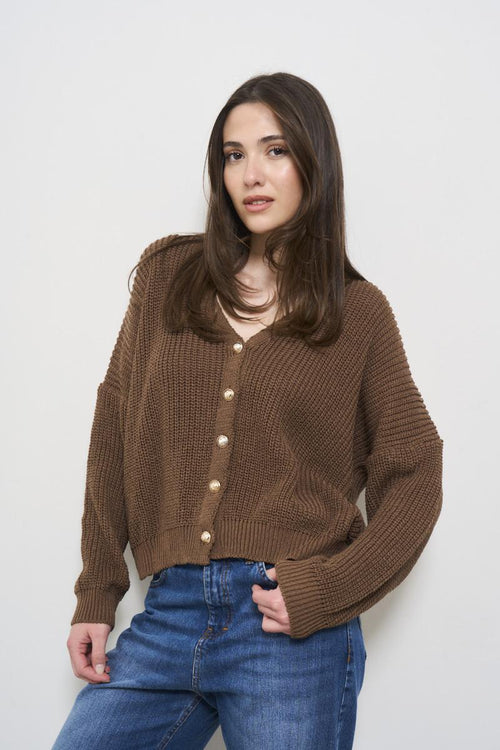 Cardigan donna marrone con bottoni in metallo - 2