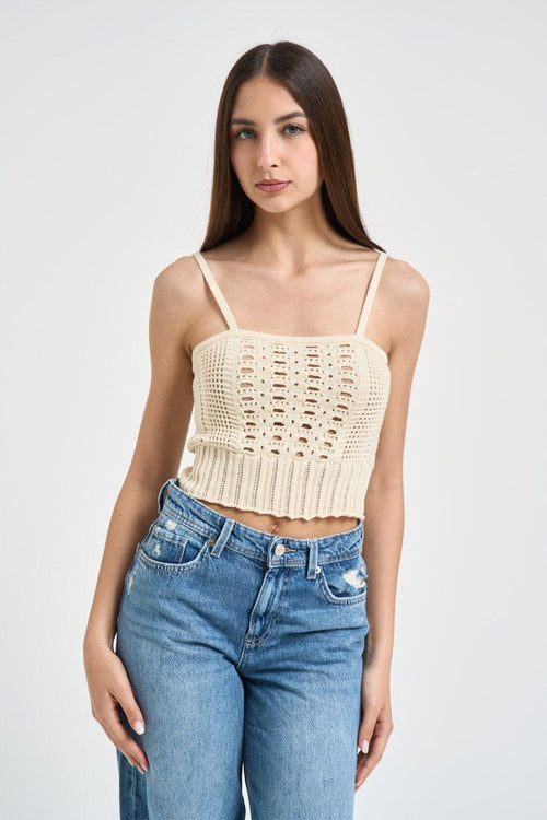 Top donna cropped in maglia traforata beige