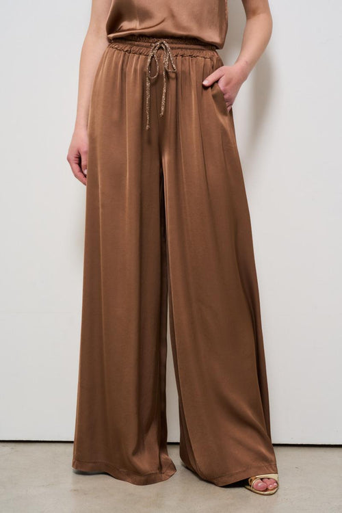 Pantalone donna a palazzo satinato marrone - 2