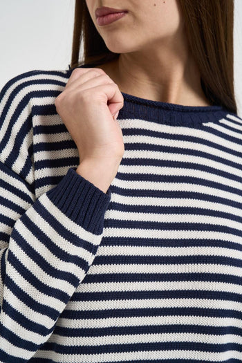 Maglia donna a righe blu e panna - 3