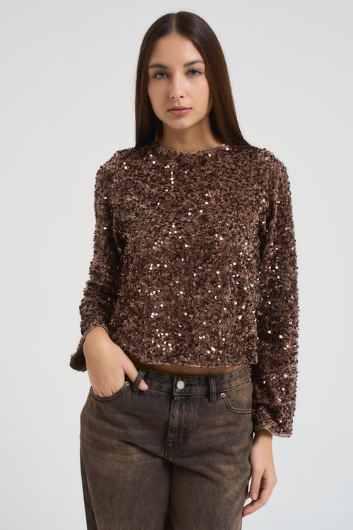 Blusa donna con paillettes marrone