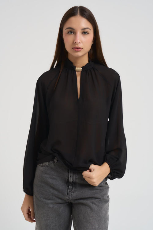 Blusa donna scollo a V gioiello nera
