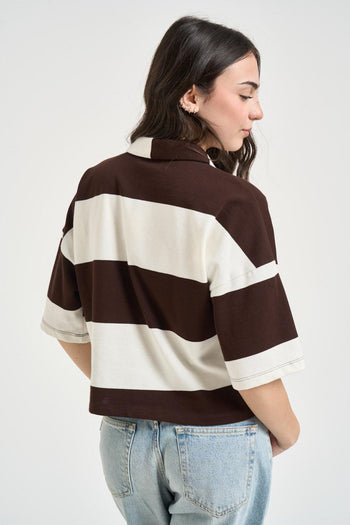 Polo donna a righe bianca e marrone - 3
