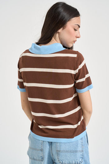 Polo donna in maglia a righe marrone - 3
