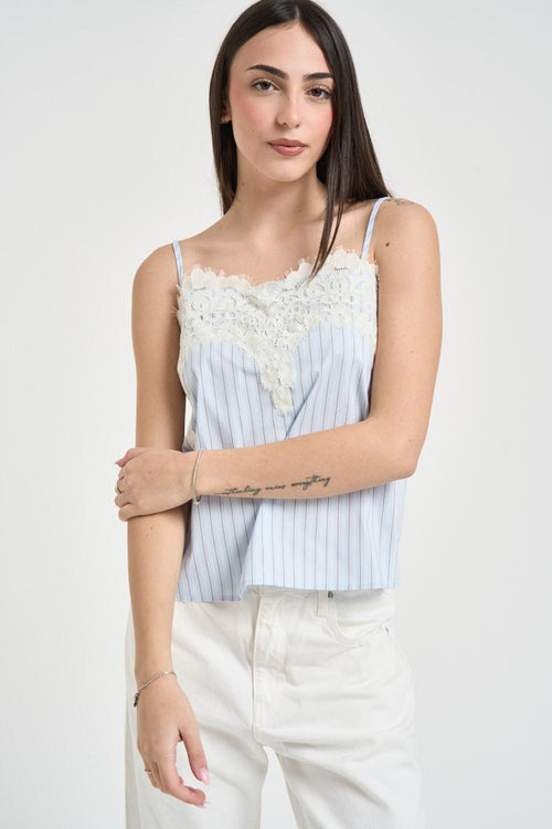 Canotta donna inserti in pizzo celeste