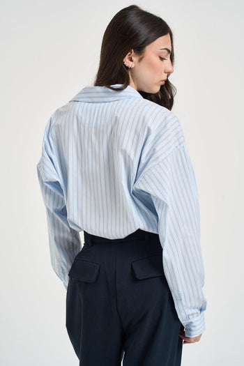 Camicia donna in cotone celeste e marrone - 3