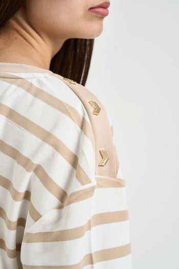 Felpa donna girocollo a righe beige - 4